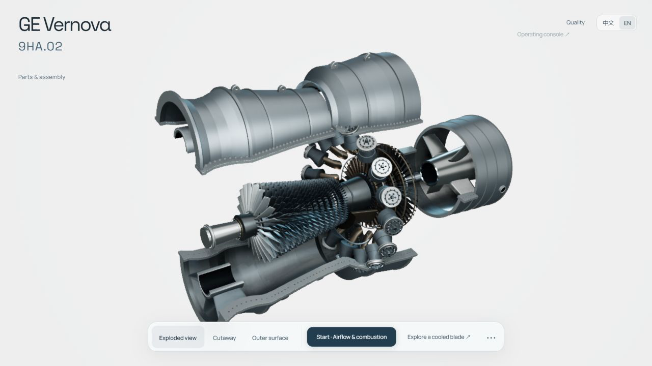 Interactive exploded gas turbine